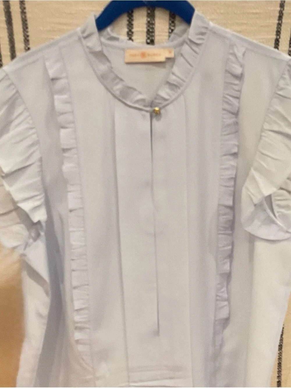 Tory Burch Pale Blue Ruffle Collar Silk Blouse with Gold Logo Button